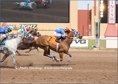Jockey Ricky Ramirez pilots undefeated Datona Doll to the fastest qualifying time for the $369,550 Heritage Place Derby [G2] on Sunday at Remington Park. © Dustin Orona Photography