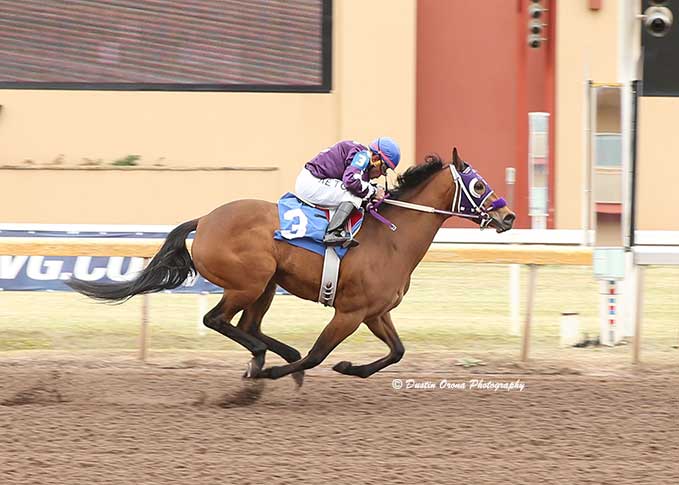 Jess Kool Lady, under jockey Paul Nieto, races to the fastest time in Sunday's Grade 3 Oklahoma Derby trials at Remington Park.   © Dustin Orona Photography