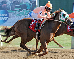  Country Mans Jazz, under jockey Augstin Silva, winning the $47,790 Adequan Will Rogers Derby Challenge Sunday afternoon at Will Rogers Downs.  © Coady Photography 